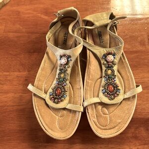 Earth Tan Beaded T-Strap Sandals